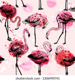 Seamless watercolor pattern with flamingo birds, vector Illustration