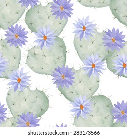 Seamless watercolor pattern of flowering cactus as heart