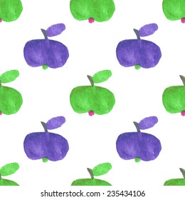 Seamless watercolor pattern with funny green and violet apples on the white background, aquarelle.  Vector illustration. Hand-drawn background. Useful for invitations, scrapbooking, design.