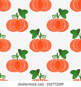 Seamless watercolor pattern with funny pumpkins on the white background, aquarelle.  Vector illustration. Hand-drawn background. Useful for invitations, scrapbooking, design.