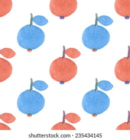 Seamless watercolor pattern with funny red and blue apples on the white background, aquarelle.  Vector illustration. Hand-drawn background. Useful for invitations, scrapbooking, design.