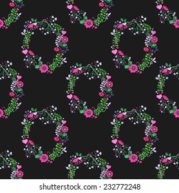 Seamless watercolor pattern with gorgeus flower wreaths on the black background, aquarelle.  Vector illustration. Hand-drawn background. Useful for invitations, scrapbooking, design.