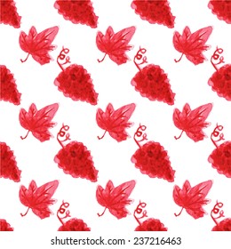 Seamless watercolor pattern with grape bunch and leaf on white background.  Vector hand-drawn background. Original fruit or wine theme background. Useful for invitations, scrapbooking, design.