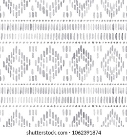 Seamless watercolor pattern. Gray geometric elements on a white background. Handmade. Ethnic geometric ornament, tribal style, aztec wallpaper, bohemian native print. Uneven edges. Vector illustration