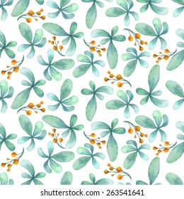 Seamless watercolor pattern with green leafs and yellow berries. Spring background