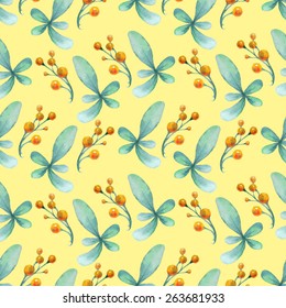 Seamless watercolor pattern with green leafs and yellow berries. Spring background