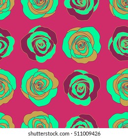 Seamless watercolor pattern with green and purple roses.