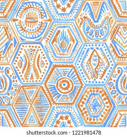 Nahtlose Aquarellmuster. Handgemalte Hexagons. Vektorillustration.