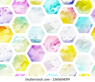 Seamless watercolor pattern with hexagons. Bright summer mosaic background