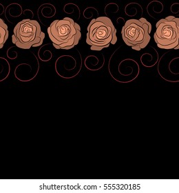 Seamless watercolor pattern of horizontal abstract vector orange and red rose flowers and copy space (place for your text).