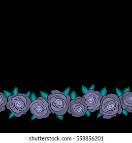 Seamless watercolor pattern of horizontal abstract vector neutral and blue rose flowers and copy space (place for your text).