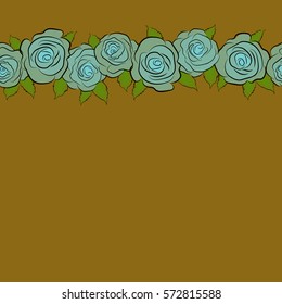 Seamless watercolor pattern of horizontal abstract vector brown, blue and green rose flowers and copy space (place for your text).