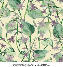 Seamless watercolor pattern with hosta leaves and violet flowers
