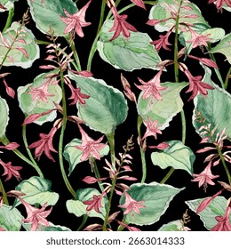 Seamless watercolor pattern with hosta leaves and red flowers on black background.
