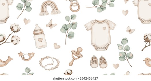 Seamless watercolor pattern with Infant clothing, eucalyptus leaves, hearts, ribbons, and toys. Illustration of backdrop with bottle and pacifier for Baby shower design or childish wrapping paper