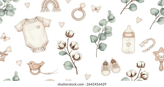 Seamless watercolor pattern with Infant clothing, eucalyptus leaves, hearts, ribbons, and toys. Illustration of backdrop with bottle and pacifier for Baby shower design or childish wrapping paper