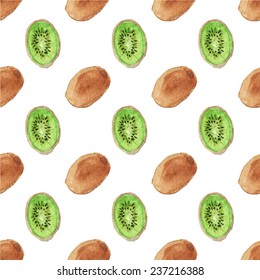 Seamless watercolor pattern with kiwi on the white background, aquarelle.  Vector illustration. Hand-drawn background. Original fruit background. Useful for invitations, scrapbooking, design.