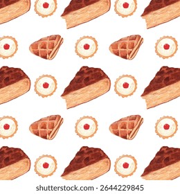 Padrão de aquarela sem costura com Kouign-Amann, Chausson aux Pommes e Jam Tart - Ilustração de pastelaria francesa. Padrão de aquarela pintado à mão. Ideal para embalagem, design de tecido, decoração de café, padaria