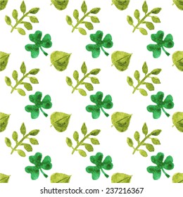 Seamless watercolor pattern with leaves on the white background, aquarelle.  Vector illustration. Hand-drawn background. Original floral background. Useful for invitations, scrapbooking, design.
