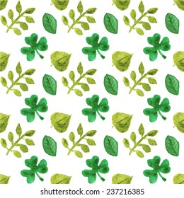 Seamless watercolor pattern with leaves on the white background, aquarelle.  Vector illustration. Hand-drawn background. Original floral background. Useful for invitations, scrapbooking, design.