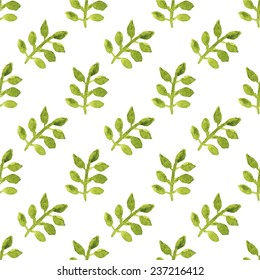 Seamless watercolor pattern with leaves on the white background, aquarelle.  Vector illustration. Hand-drawn background. Original floral background. Useful for invitations, scrapbooking, design.