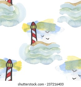 Seamless watercolor pattern with lighthouse on the white background, aquarelle.  Vector illustration. Hand-drawn background. Original sea background. Useful for invitations, scrapbooking, design.