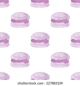 Seamless watercolor pattern with macaroons, aquarelle.  Vector illustration. Hand-drawn background. Useful for invitations, scrapbooking, design.