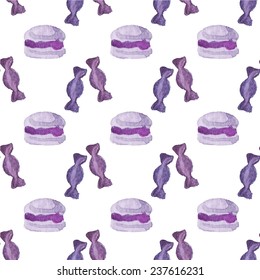Seamless watercolor pattern with macaroons and candies on white background, aquarelle.  Vector hand-drawn background. Original confectionery background. Useful for invitations, scrapbooking, design.