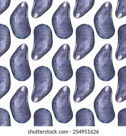 Seamless watercolor pattern with mussels on the white background, aquarelle. Vector illustration. Hand-drawn decorative element. Seafood and marine cuisine