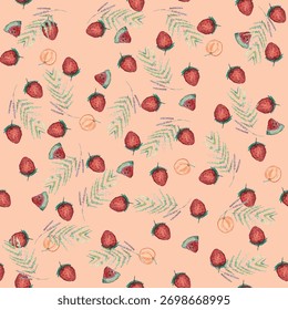 Nahtloses Aquarellmuster auf Papiertextur. Niedlicher Pfirsich, Erdbeere, 
Wassermelone und floraler Hintergrund. 