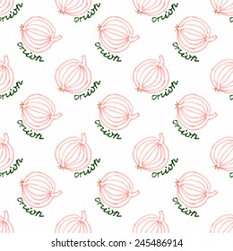 Seamless watercolor pattern with onion on the white background, aquarelle. Vector illustration. Hand-drawn background. Original vegetable background. Useful for invitations, scrapbooking, design.