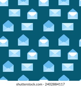 Seamless watercolor pattern with open and closed envelopes on dark blue background