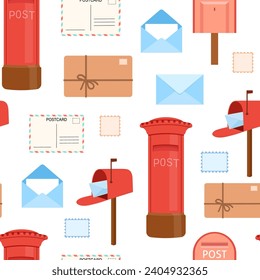 Seamless watercolor pattern with open and closed envelopes and red post box on white background