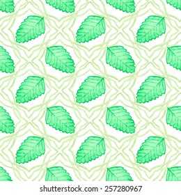 Seamless watercolor pattern with pansy leaves on the white background, aquarelle.  Vector illustration. Hand-drawn background. Original floral background. Useful for invitations, scrapbooking, design.