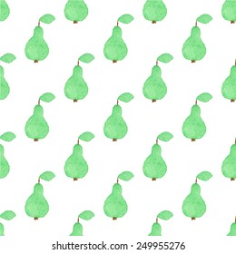 Seamless watercolor pattern with pears on the white background, aquarelle.  Vector illustration. Hand-drawn background. Original fruit background. Useful for invitations, scrapbooking, design.