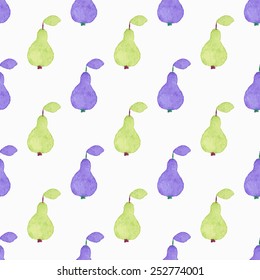 Seamless watercolor pattern with pears on the white background, aquarelle.  Vector illustration. Hand-drawn background. Original fruit background. Useful for invitations, scrapbooking, design.