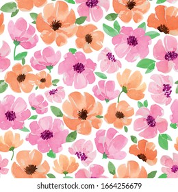 Seamless Watercolor Pattern With Pink And Orange Handmade Flowers And Leaves. Vector Illustration, Isolated On White Background.