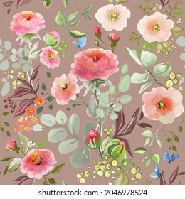 Seamless watercolor pattern with pink peonies and roses on a pastel pink background, Vector Illustration on a light background. Trendy floral texture, print, stamp