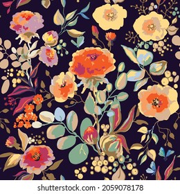 Seamless watercolor pattern with pink peonies and roses on dark blue background, Vector Illustration on dark burgundy background. Trendy floral texture, print, stamp