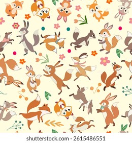 Seamless watercolor pattern of playful bunnies, foxes, and squirrels dancing , in boho ribbons and summer florals
