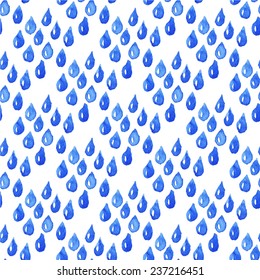 Seamless watercolor pattern with rain drops on the white background, aquarelle.  Vector illustration. Hand-drawn background. Original weather background. Useful for invitations, scrapbooking, design.