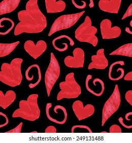 seamless watercolor pattern with red flowers, swirls and hearts on a black background
