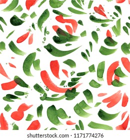 Seamless watercolor pattern, red and green abstract brushstrokes. Abstract vector isolated on white background.