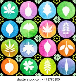 Seamless watercolor pattern. Set of flat trees leaves. Apple tree, Oak tree, Rowan,  Maple, Horse chestnut tree, Sakura, Ginkgo biloba, Japanese maple, Birch, Palm leaf, Willow, Clover. Vector