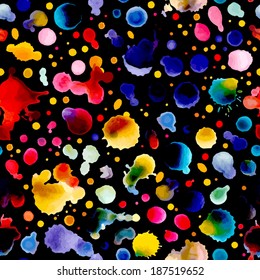 Seamless watercolor pattern. Set of watercolor grunge vector elements isolated on black background. Colourful stains on wet paper. Watercolor elements for scrapbook design.