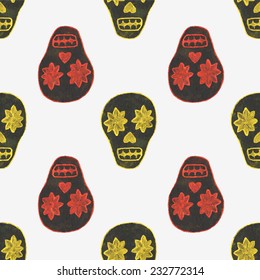 Seamless watercolor pattern with skary sugar skulls on the white background, aquarelle.  Vector illustration. Hand-drawn background. Day of the Dead. Useful for invitations, scrapbooking, design.