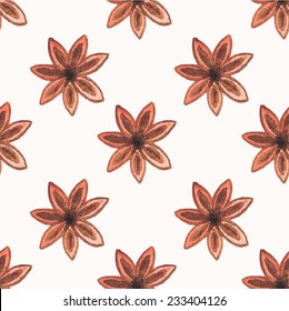 Seamless watercolor pattern with star anise on the white background, aquarelle.  Vector illustration. Hand-drawn background. Spice for mulled wine. Useful for invitations, scrapbooking, design.