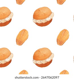 Padrão de aquarela sem costura - Tarte Tropézienne e Madeleines. Estilo de pintura realista bonito. Fundo acolhedor para marca de padaria, livro de receitas, banner de cozinha. 