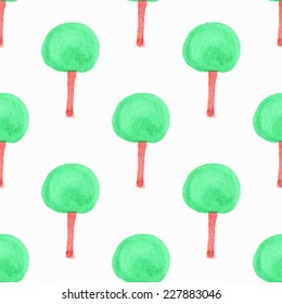 Seamless watercolor pattern with trees, aquarelle tree.  Vector illustration. Hand-drawn background. Useful for invitations, scrapbooking, design.