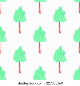 Seamless watercolor pattern with trees, aquarelle tree.  Vector illustration. Hand-drawn background. Useful for invitations, scrapbooking, design.